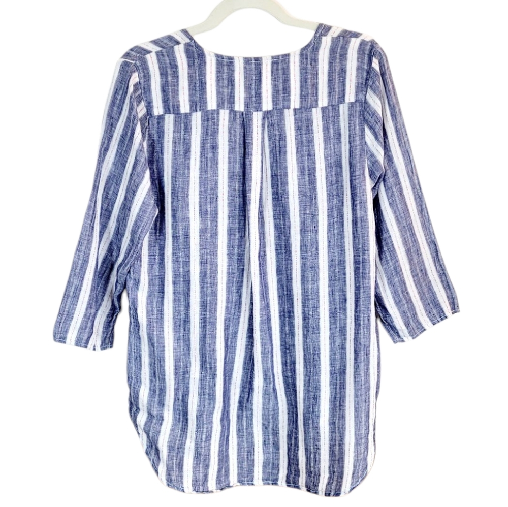 CP SHADES Blue White Red Striped Linen Split Neck Hi Lo Hem Oversized Tunic Top - Picture 3 of 9